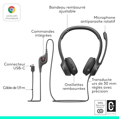 Casque filaire USB Logitech H390 stéréo avec micro pour Chromebook