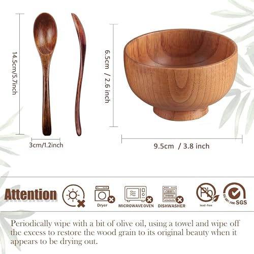 Originalidad Handmade Wood Bowls,Jujube Wooden Japanese Bowl with Matching Spoon for Rice,Soup,Dip,Salad,Tea,Decoration 4 Sets(4 Bowls 3.8 in + 4 Spoons) - Image 2