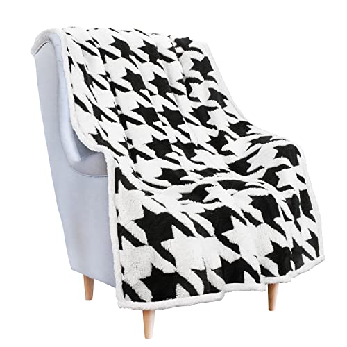 Sherpa Blanket Plush Throw Blankets Size 50" X 60" Fleece Reversible For Bed And Couch, Super Soft Comfy Warm Fuzzy Tv Blanket Black Houndstooth Plover Case #TOP16