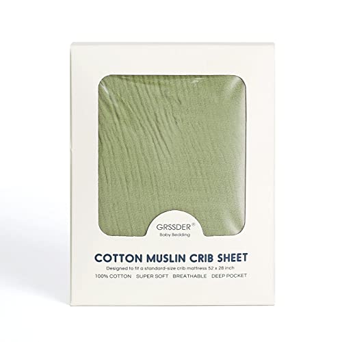 Image of GRSSDER Soft Muslin Crib Sheet 1 Pack, 100% Cotton Crib Sheets with Deep Pocket for Boys and Girls, Fit Standard Crib Mattresses 52 inch x 28 inch Safe and Snug, Olive Green