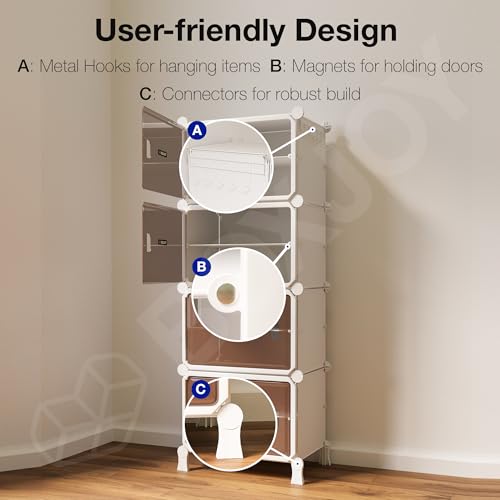 Image of BOXJOY 8 Shelf White Shoe Rack with 4 Brown Doors, Magnets and 5 Hook Steel Holder for Home Storage Box Organizer, Hard PET Plastic with Metal Door Frame, Shoe Chappal Slipper Sandals Stand