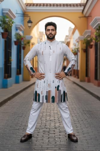 Image of Trustous Men's White Printed Kurta | Stylish Ethnic Wear Kurta for Men | Regular Fit Traditional Kurta | Festive, Wedding, Party & Casual Wear