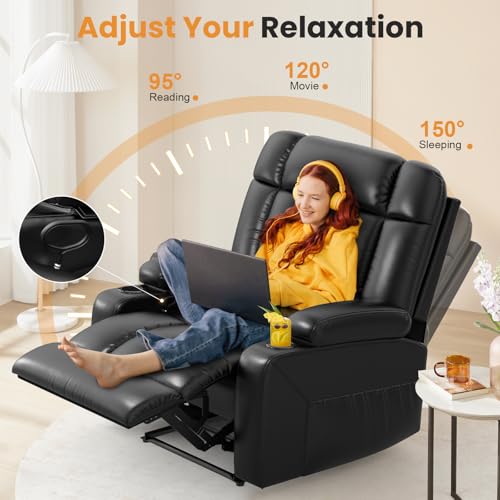 Oversized Recliner Chair with Massage & Heat, Extra Wide Seat Reclining Chair with Storage Side Pockets & Cup Holders, Clearance Big Man Recliners, Comfortable Manual Faux Leather King Chairs