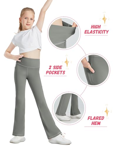 Desol Girls Flare Leggings with Pockets, High Waist Bootcut Yoga Pants, Dance Athletic Bell Bottoms for Teen &Kids Grey4