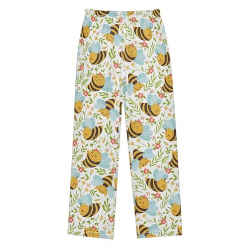 Bee Floral Boys Long Pants Soft Trousers Elastic Waist Kids Lounge Bottoms with Pockets S-XL
