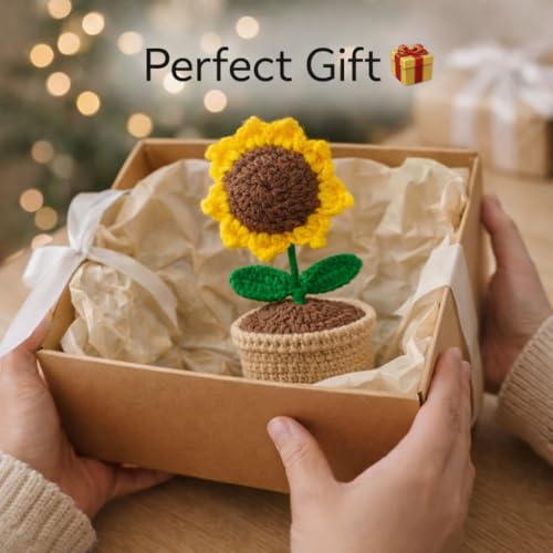 Image of Handcrafted Crochet Flower Pot | 7 Inch Handmade Wool Flower Plant | Premium Soft Yarn Decor | Cute Desk & Home Decoration | Unique Gift for Birthday, Anniversary & Valentine (Sunflower)