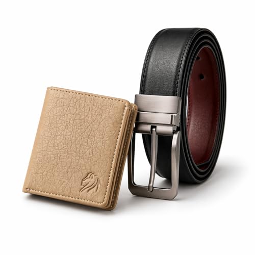 Image of VEMILIO Mens Wallet Belt Combo | Vegan Leather Bi-Fold Wallet with Coin Pocket & Reversible Belt | Gift Combo Set for Men & Boys (Beige)