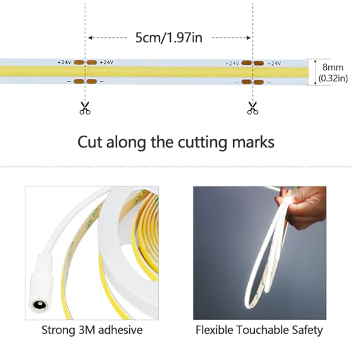 GOMING 24V 16.4ft(5M) COB LED Strip Light Cool White 6000K CRI 93+ 4500lm Uniform Glow 480LEDs/M Flexible Not Waterproof IP20 LED Tape Lights for DIY Bedroom Kitchen Home Decor Light(No Power Supply) - Image 3