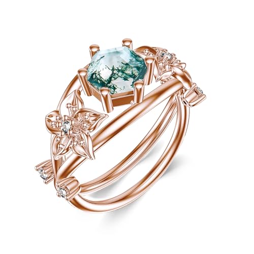 925 Sterling Silver Hexagonal Natural Moss Agate Engagement Ring for Women Stackable Promise Wedding Rings Flower Jewelry Set for Her Rose Gold Plated
