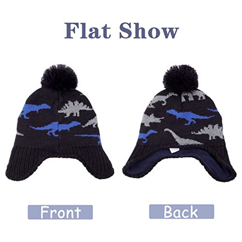 Image of ACTLATI Winter Dinosaur Boy Winter Hat Scarf Mittens Set Warm Beanies Earflap Fleece Pompom Lining Cap for Toddler Kids