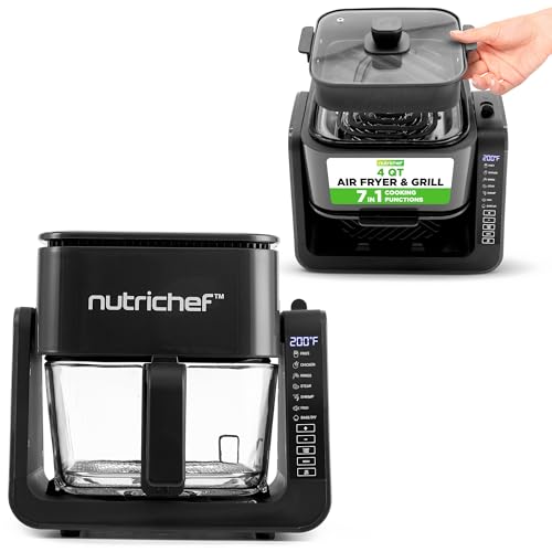 NutriChef 4 QT Air Fryer & Grill | 7-1 Preset Cook Modes | Transparent Fry Bowl for Best Cooking Results | Cook Shrimp, Steak, Fries, Wings & More | 4 QT Glass Air Fryer & 1.2 QT Grill | Black
