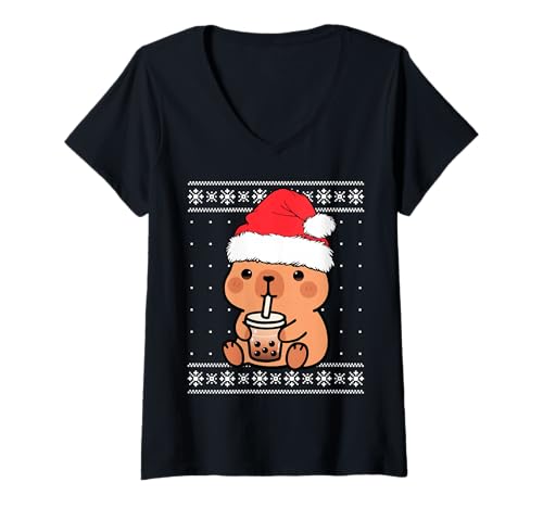 Womens Cute Capybara Boba Santa Hat Christmas Kawaii Xmas Kids V-Neck T-Shirt