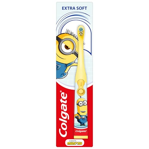 Colgate Minions Kids Toothbrush, Battery-Powered Toothbrush for Kids with Extra Soft Bristles, Yellow Toothbrush for Ages 3 and Up, Includes 1 AA Battery, 1 Pack