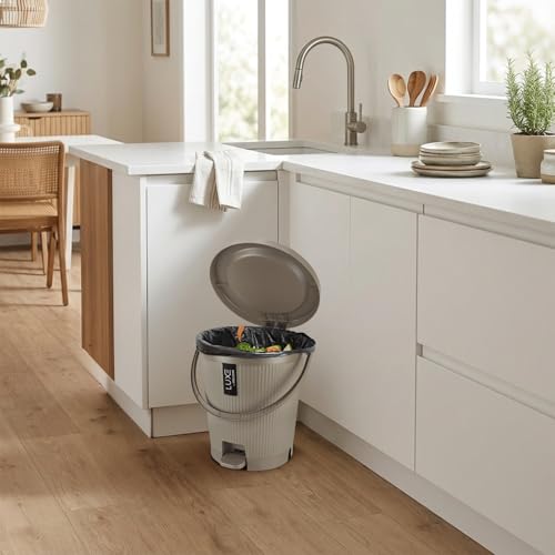 Image of KOLORR Luxe Premium Plastic Pedal Dustbin | Modern Plastic Waste Bin, Trash can with Sleek Design for Home, Kitchen, Office, Bathroom & Washroom - Medium, Lt Brown