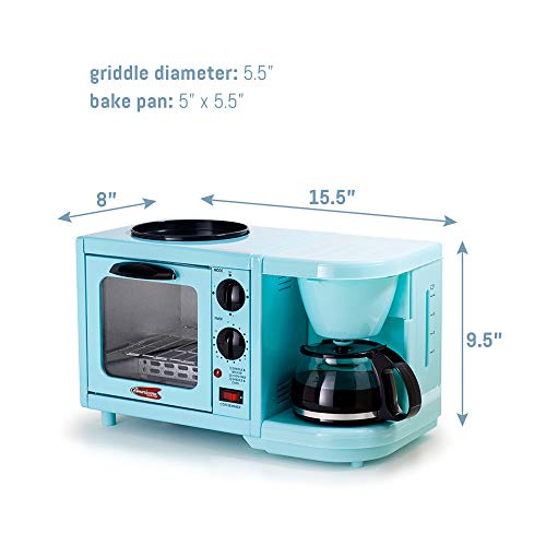 Elite Gourmet Retro Nostalgia 3-in-1 Breakfast Maker Station 4 Cup Coffeemaker, Toaster Oven with Timer, Griddle, Aqua