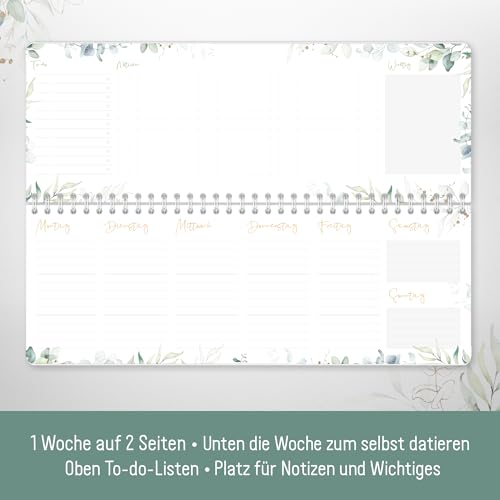 Häfft® Wochen-Tischkalender undatiert Blattgold im Quer-Format zum Aufstellen - 1 Woche 2 Seiten - Wochenplaner ohne Datum 29,5 x 10,5 cm - nachhaltig & klimafreundlich