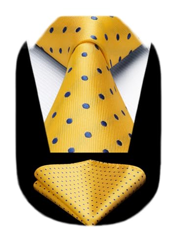 HISDERN Yellow Ties for Men Classic Silk Ties and Pocket Square Formal Business Polka Dot Necktie Handkerchief Set Wedding Party Prom Suit Neckties