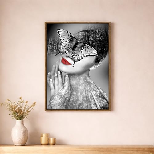 Image of Surreal Butterfly Woman Portrait Framed Canvas Painting For Living Room | Modern Nature Abstract Wall Art For Livingroom Wall Decor, Home Decor, Bedroom, Hallway's, Office, Hotel - 43x58 cm