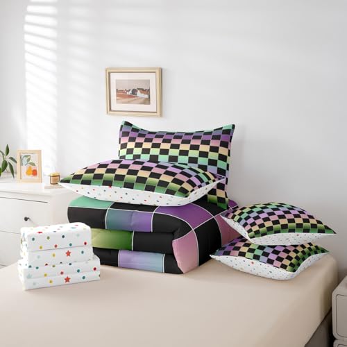 Image of Erosebridal Kids Black Checkered Comforter Set Full 7 Piece,Rainbow Ombre Plaid Bed in A Bag with Sheets for Boys Girls Colorful Geometric Checkerboard Bedding Set,Aesthetic Grids Bed Sets