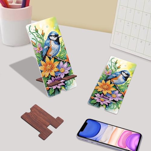Image of Flower and Bird Diamond Painting Phone Stand with Mirror, DIY Wooden Diamond Art Desktop Holder, 2-in-1 Diamond Painting Tabletop Ornament - Phone Stand and Mirror for Home and Office