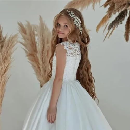 Satin Flower Girl Dresses for Wedding Lace Appliques Sleeveless Pageant Dress Girls Ball Gown Party Evening4