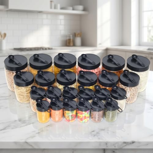 Image of PLASTIC 24-Piece Premium Airtight Kitchen Storage Container Set with Spoons - Transparent Modular Jars (250ml, 350ml, 650ml, 1200ml) for Masala, Pulses & Dry Fruits (Pack Of 24)