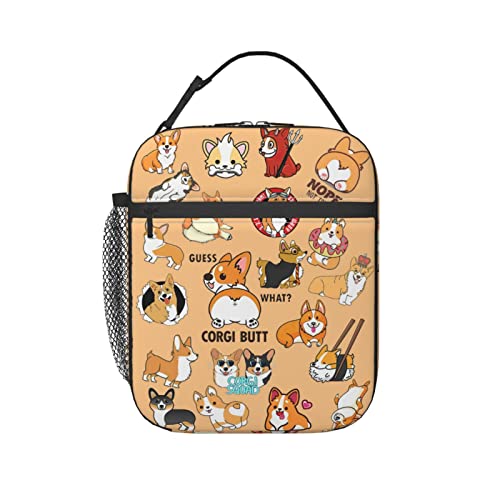 Kaeddi Corgi Lunch Bag Cute Cartoon Dog Heat Insulated Lunch Box Leakproof Durable Portable Reusable Handbags Large Capacity Thermal Cooler Tote Bag (One Size, White) #TOP1