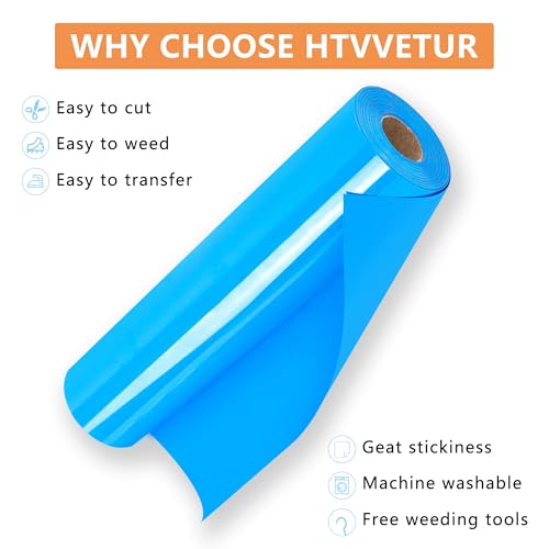 Image of HTVVETUR Lake Blue HTV Iron on Vinyl 12Inch by 35ft Heat Transfer Vinyl for T-Shirt HTV Rolls for All Cutter Machine - Easy to Cut & Weed (35ft, Lake Blue)