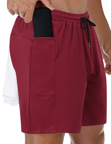 Elitespirit Mens Athletic Shorts 2 Pack Mesh Basketball Shorts 7 Inch Quick Dry Baggy Workout Shorts With Pockets Black+Burgundy L #TOP3