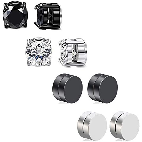 HENGYID 4 Pairs Stainless Steel Magnetic Stud Earrings for Men Women CZ Magnet Non Pierced Clip On Earrings Set 6MM Cover
