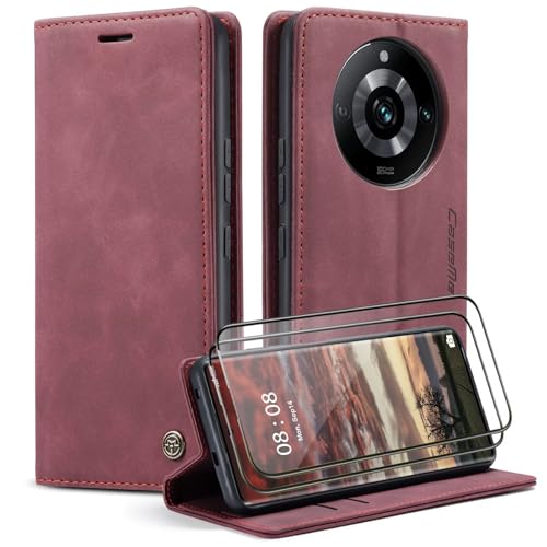 Coque Realme 11 Pro / 11 Pro Plus Etui Rouge en Cuir avec 2 Verres Trempés