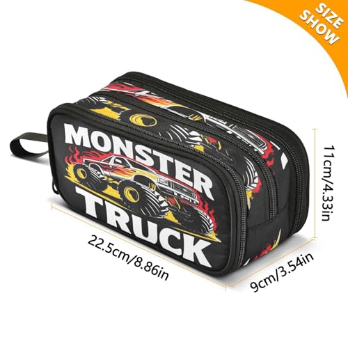 Image of Caikeny Pencil Case Monster Truck Pen Bag Black Large Capacity Pencil Box Pen Pouch with Zipper Cosmetic Organizer for Kids Teens Adults
