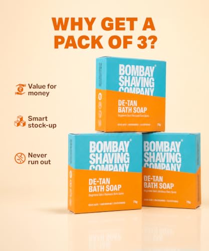 Image of Bombay Shaving Company De-Tan Soap Pack of 3 | Kojic Acid, Niacinamide & Glutathione | Tan Removal & Skin Brightening Soap | Bath Soap for Men and Women | 75g X 3