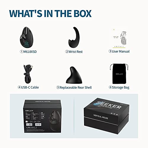 Delux Seeker Wireless Ergonomic Vertical Mouse With Oled Screen, Bt And Usb Receiver, Connect With Up To 4 Devices, Thumb Wheel, 4000Dpi, Programmable Rechargeable Silent Mouse(M618Xsd-Black) #TOP7