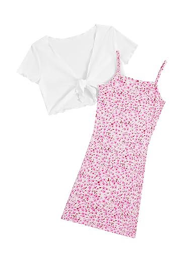 OYOANGLE Girl's 2 Piece Outfits Floral Print Sleeveless Cute Cami Dresses and Short Sleeve Lettuce Trim Tie Front Top Sets Pink Solid 11-12 Years