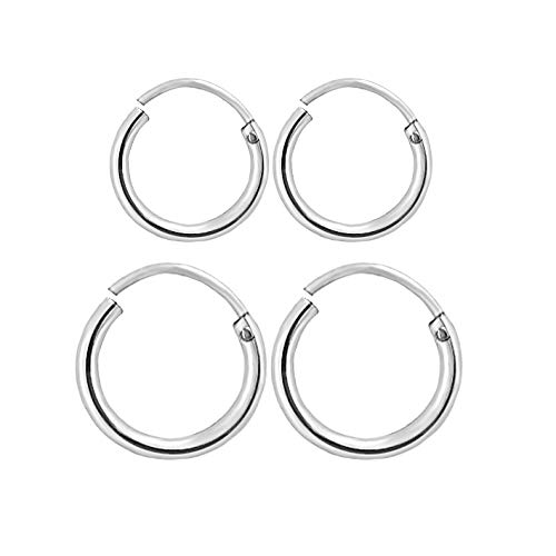 MJ Combo of Two Pairs -12mm & 15mm Size Small Hoops Bali Earrings in Pure 92.5 Sterling Silver for Kids/Girls/Women