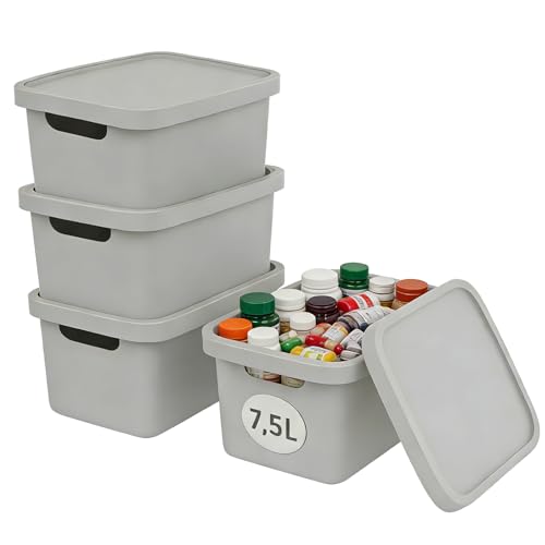Plastard Aufbewahrungsboxen mit Deckel 7,5 L, 4er-Set, Grau, BPA-frei, Stapelbar, Ordnungsbox für Küche, Bad, Büro, Kinderzimmer, Regale – Robuste Kunststoffbox, Kleiderbox