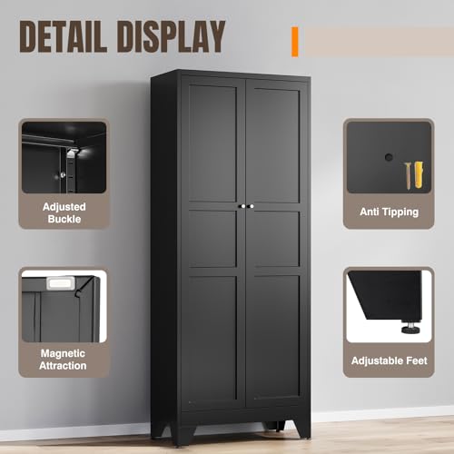 Image of Yizosh Metal Pantry Cabinet, 75 inch Kitchen Pantry with 2 Door and 4 Adjustable Shelves,Black Metal Pantry Storage Cabinet,Cupboard for Kitchen,Dining Room,Living Room and Bathroom