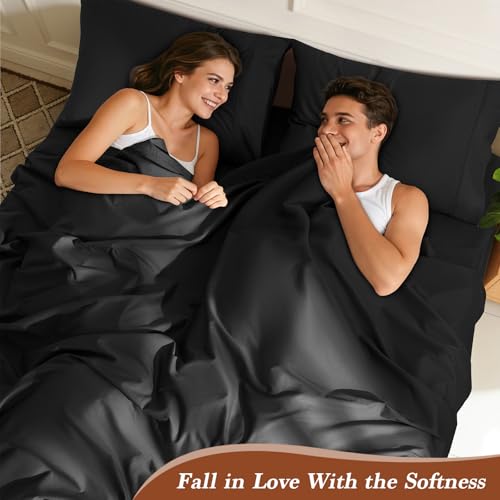 Image of 100% Egyptian Cotton Sheet Set 4 Pcs Queen Size Sheets 1000 Thread Count Breathable Soft Bedding Set Fitted Sheet with 16 inch Deep Pocket (Queen, Black)