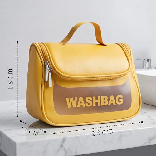 Image of Cosmetic Bag for Women, PU Leather Makeup Pouch, Large Capacity Travel Makeup Organizer with Divider & Handle, Waterproof Portable Vanity Storage Bag for Toiletries (Washing Bag-Yellow)