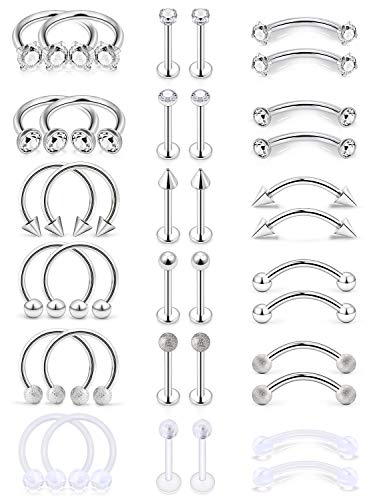 SCERRING Tragus Earrings 16g Stainless Steel Horseshoe Eyebrow Lip Rings Nail Tragus Helix Rook Cartilage Earrings Studs Ring Medusa Piercing Jewelry 8mm 36PCS Silver