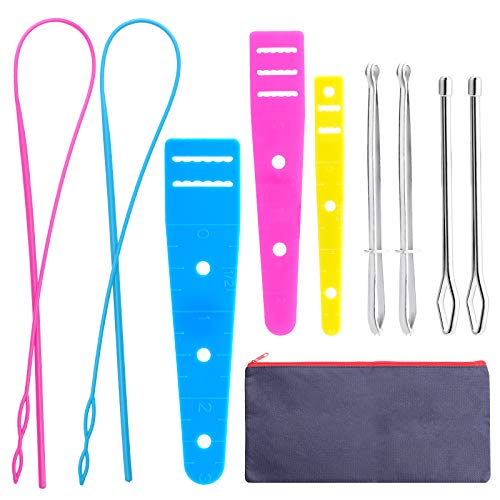 10 Pieces Bodkin Threader Drawstring Threader Set, Including 2 Flexible Plastic Drawstring Threader, 2 Stainless Steel Sewing Loop Turner Hook, 2 Metal Tweezers, 1 Bag, 3 Flat Plastic Threader