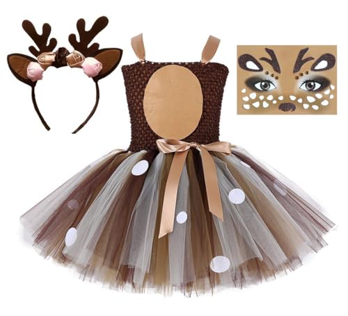 Tutu Dreams Halloween Animal Costumes for Kids Girls 1-10Y Reindeer with Headband Face Sticker Party Dress Up Outfits
