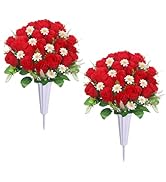 Lodou Artificial Cemetery Flowers, Memorial Grave Decorations Roses – 2 Bouquets & 2 Vases Set No...