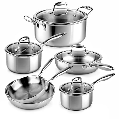 La Moustache   Batería de Cocina de Acero Inoxidable 10 Piezas con Tapas de Vidrio (Ø16/18/20/24/26 cm)   Juego de Ollas y Sartenes para Inducción, Sin Recubrimientos, Apta Lavavajillas (Titan Inox)