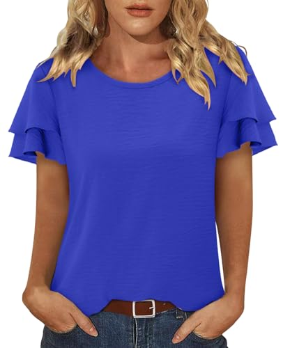 CRAZY GRID Women's Shirts Summer Casual Crewneck Ruffle Short Sleeve Blouses Cute Floral Print Tunic Tops