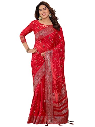 Image of ALMAARI FASHION Fendy Satin Foil Print Floral Saree with Tassels, Traditional Butti Motifs, 5.5m with 0.8m Blouse (FOIL 102 RED H)