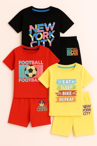 Image of EIO Boys Cotton Printed Dress Clothing Set Combo with Tshirts & Shorts-Pack 3