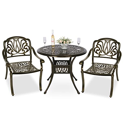 Image of MEETWARM 3 Piece Patio Bistro Set, Outdoor All-Weather Cast Aluminum Dining Furniture Set Includes 2 Chairs and a 35.4” Round Table with Umbrella Hole for Garden Deck