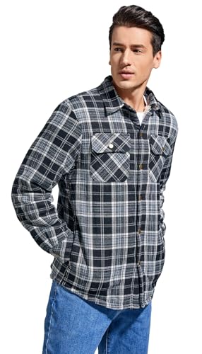Image of Men's Sherpa Cotton Flannel Shirt Jacket Plaid Button Coat Pocket